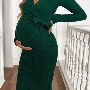 Deep Green Ribbed Wrap Maternity Long Sleeve Dress